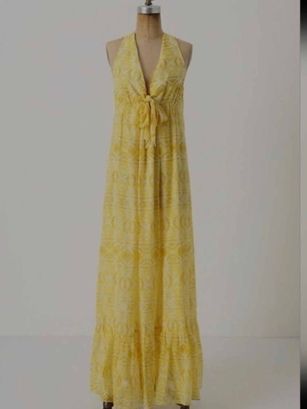 Anthropologie Yellow Halter Tie-Front Maxi Dress